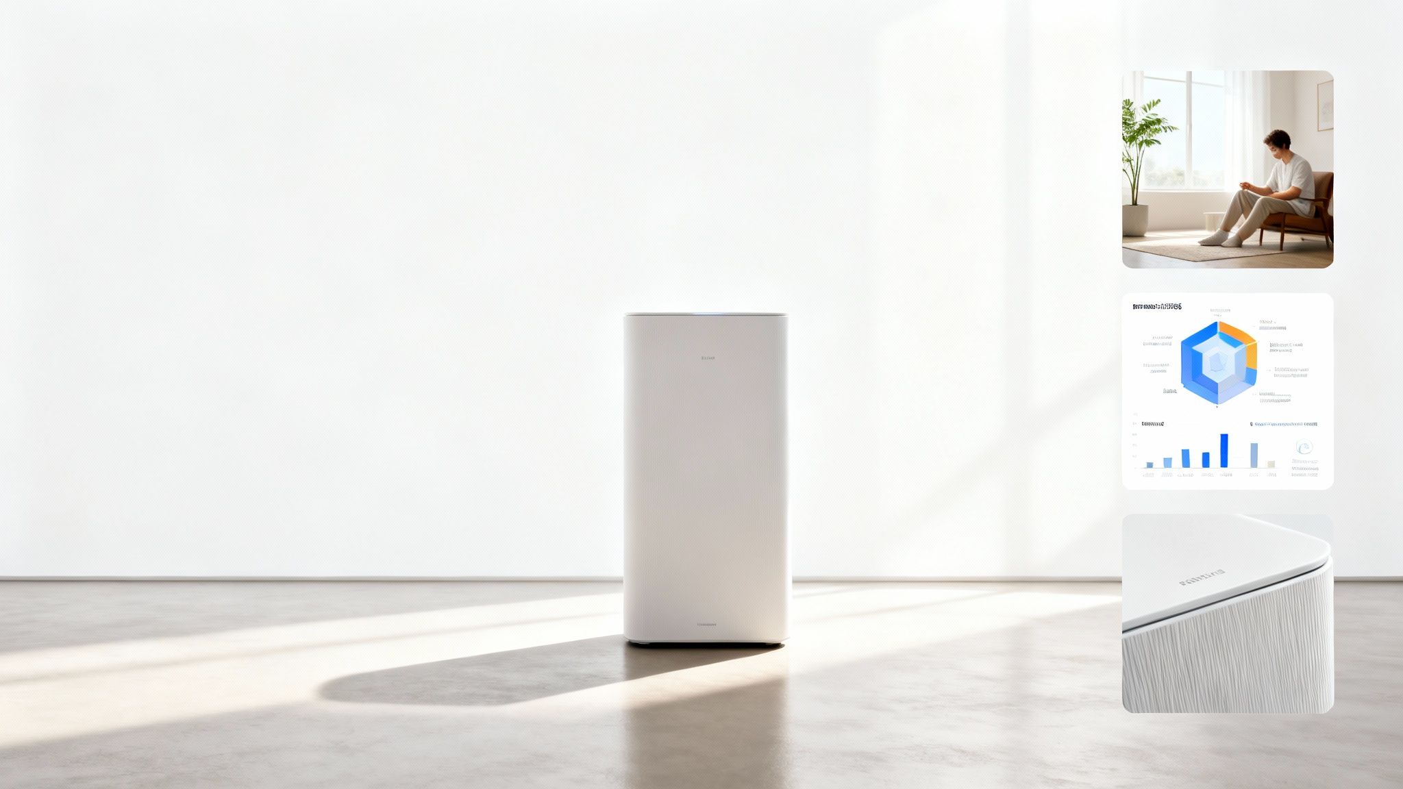 A sleek white air purifier in a bright, minimalist room, with lifestyle and data graphic images.
