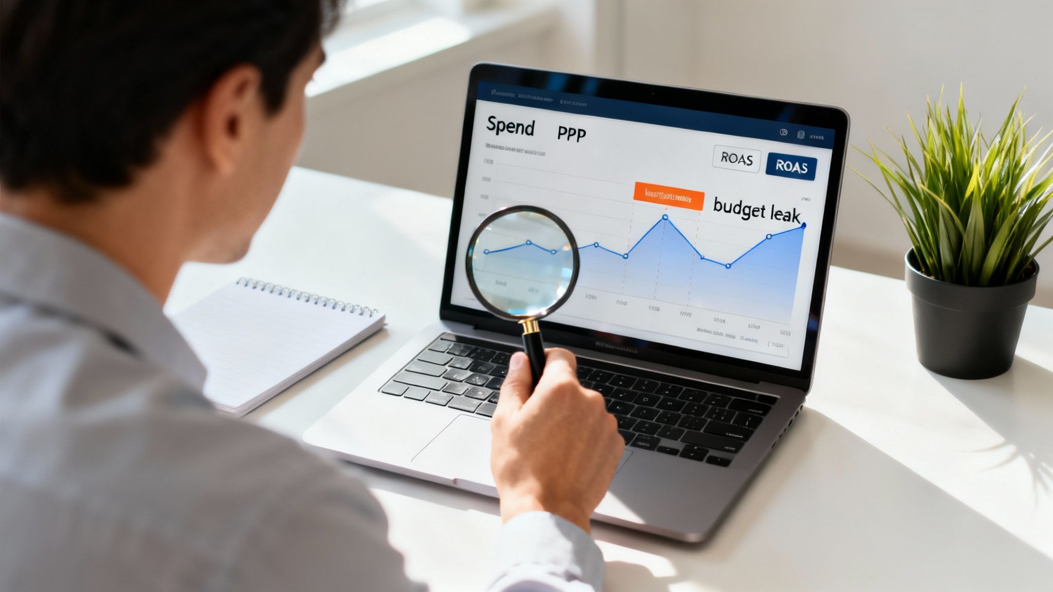 Person analyzing PPC spend data and budget leak on a laptop with a magnifying glass.