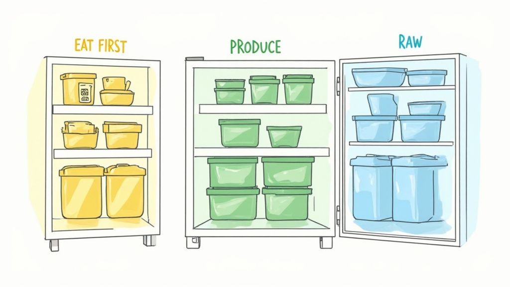 Three organized refrigerators display reusable food storage containers for 'eat first', 'produce', and 'raw' items.
