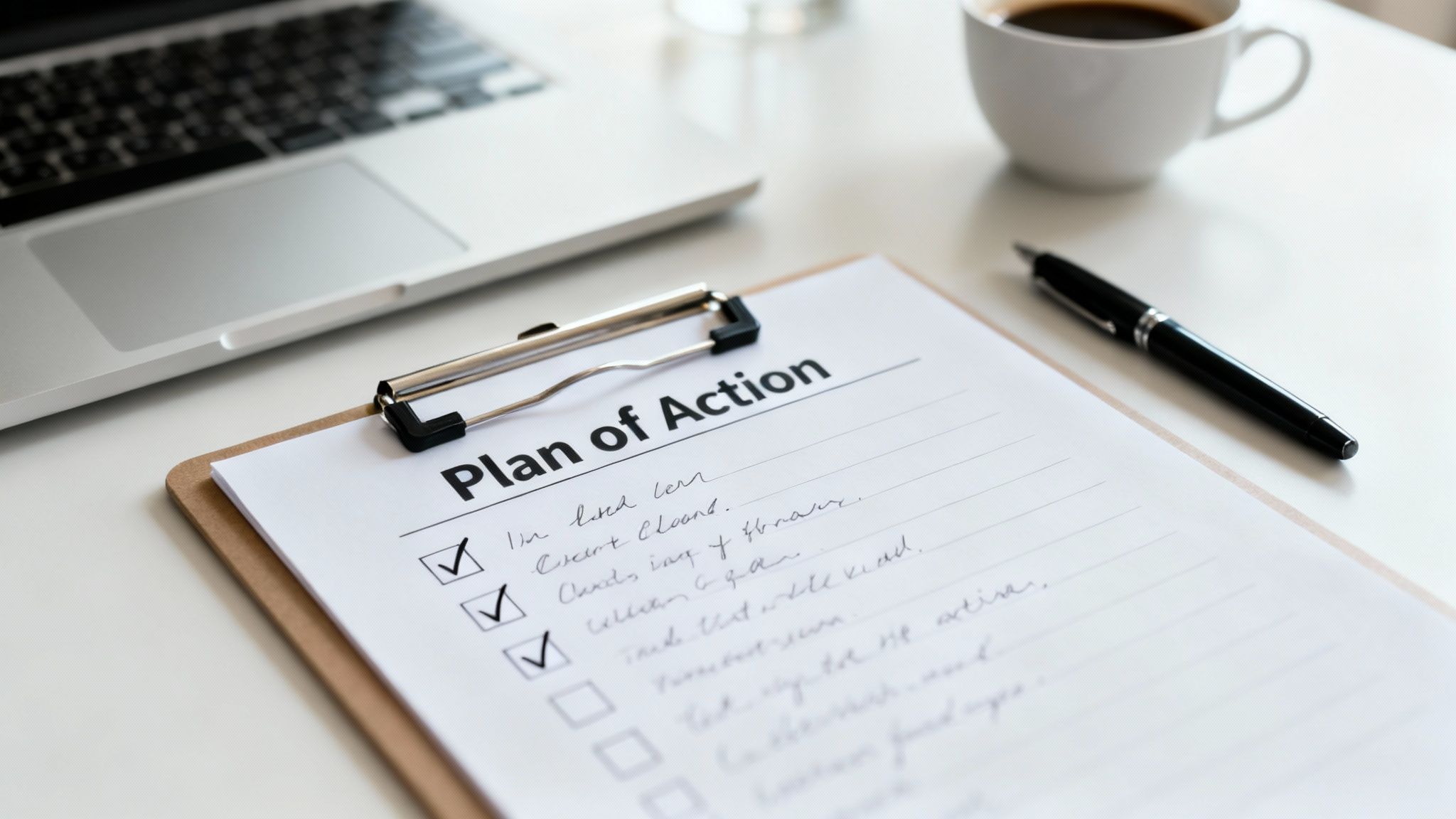 A detailed 'Plan of Action' checklist with completed tasks and goals on a modern white desk.