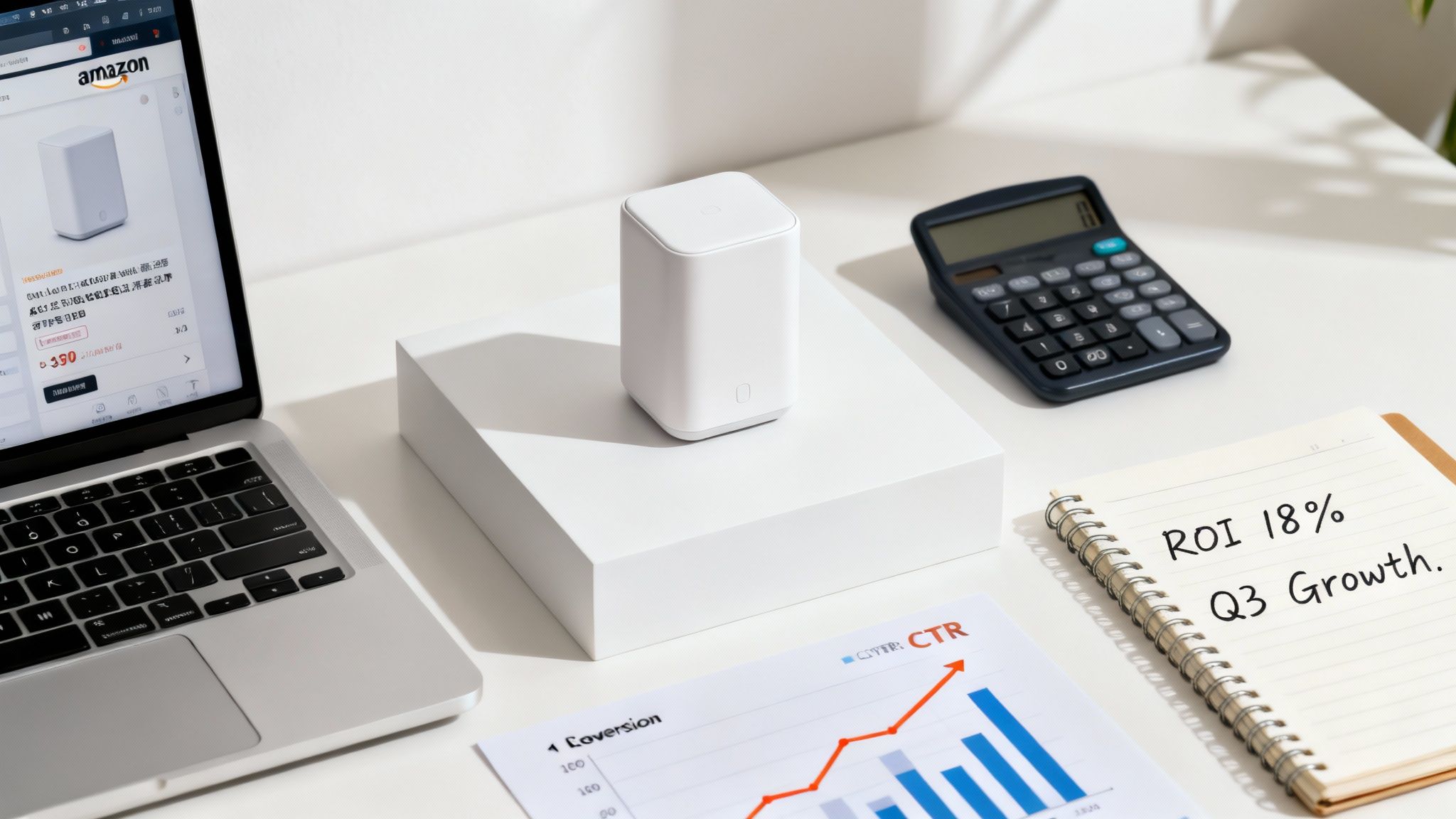 Business workspace with a laptop, product, financial calculator, and notes on ROI and Q3 growth.