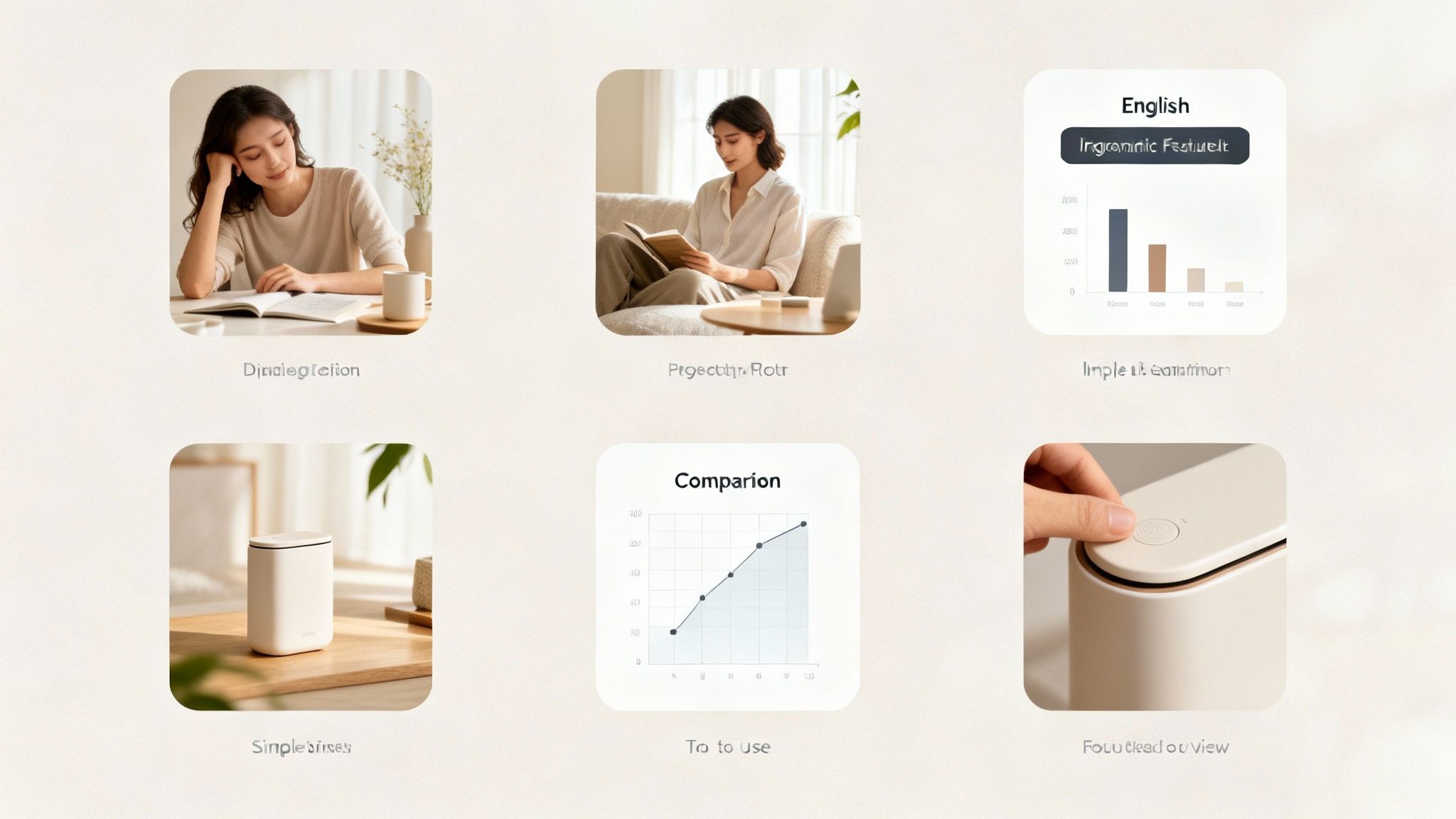 Grid of six images featuring a woman reading, a modern cream-colored device, and various infographics.