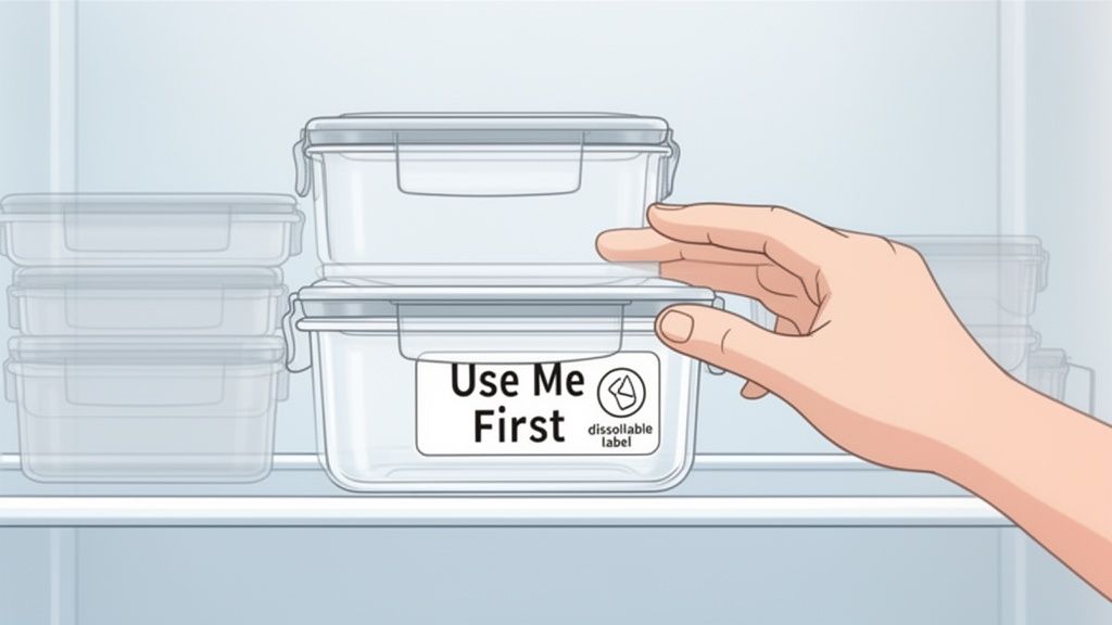 A hand reaches for a food container in a fridge, labeled 'Use Me First' to prevent food waste.