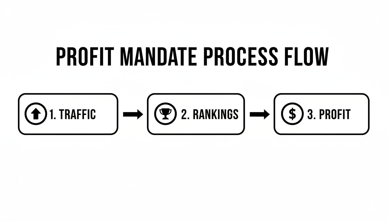 Diagram illustrating the Profit Mandate Process Flow: Traffic leads to Rankings, which leads to Profit, with relevant icons.