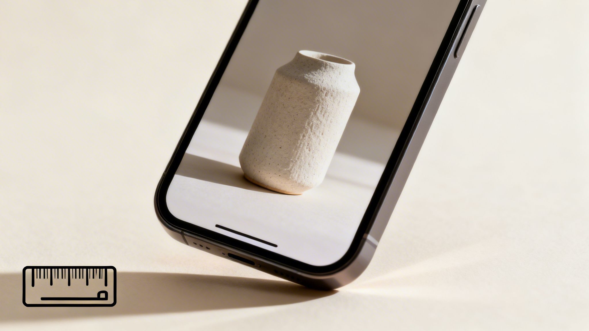A smartphone displaying a beige textured vase; a ruler icon suggests augmented reality measurement.