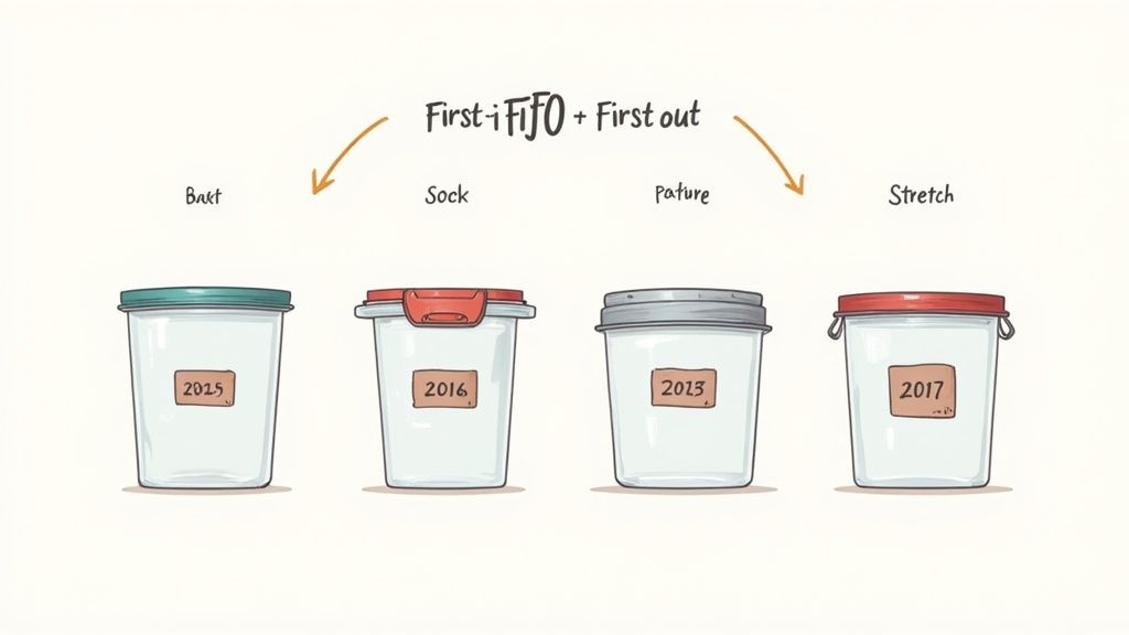 Four transparent storage containers with colorful lids, each labeled with a year, illustrating FIFO principle.