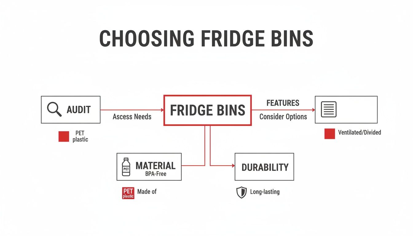 A flowchart titled 'Choosing Fridge Bins' detailing factors like audit needs, material, durability, and features.