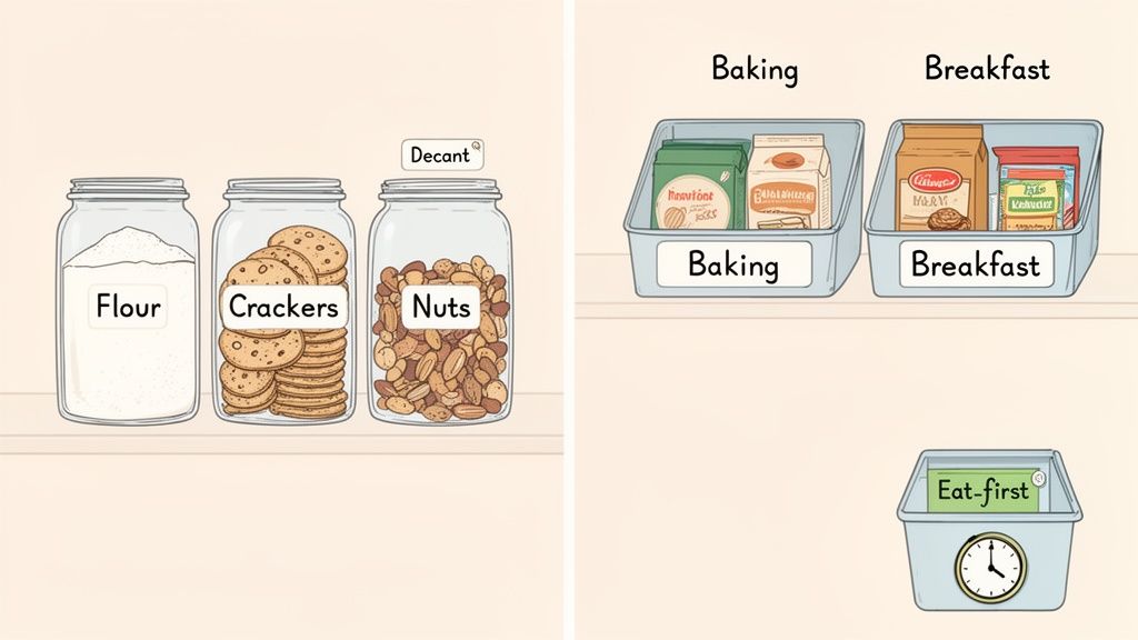 Pantry organization image showing clear jars for dry goods like flour, crackers, nuts, and labeled bins for baking, breakfast, and eat-first items.