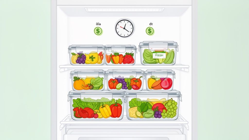 Inside a bright refrigerator, multiple clear containers hold neatly organized fresh fruits and vegetables.