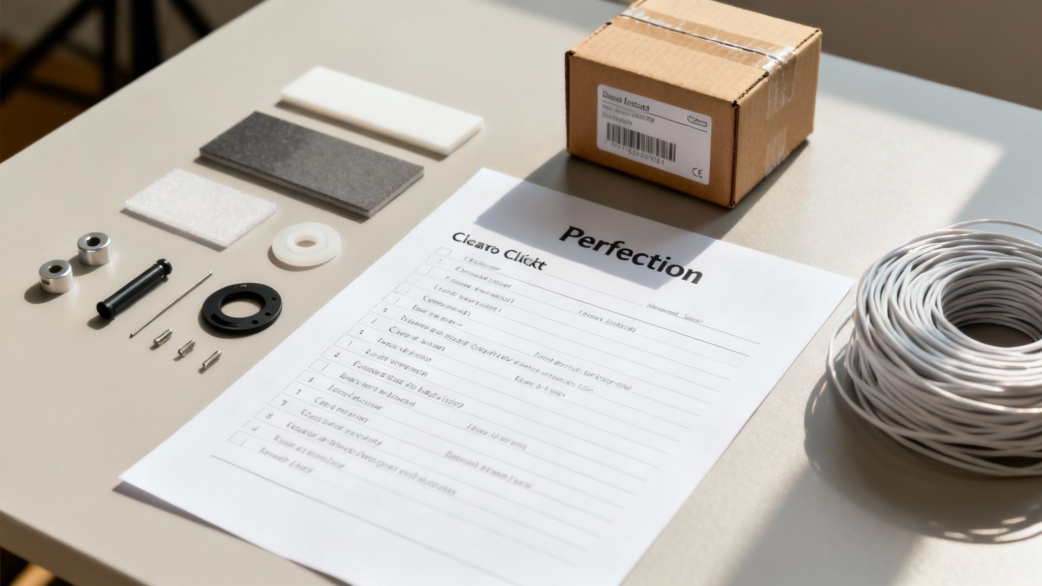 A flat lay of various electronic components, wires, a cardboard box, and an instruction sheet.