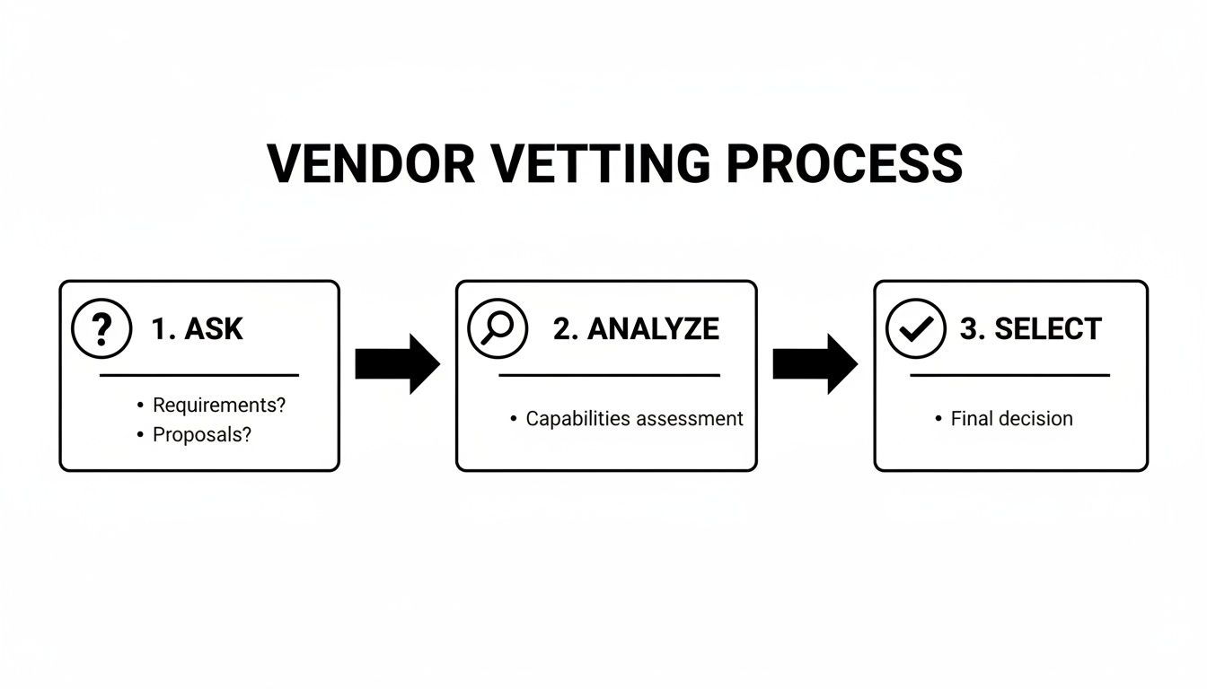 Flowchart outlining a 3-step vendor vetting process: Ask, Analyze, and Select.