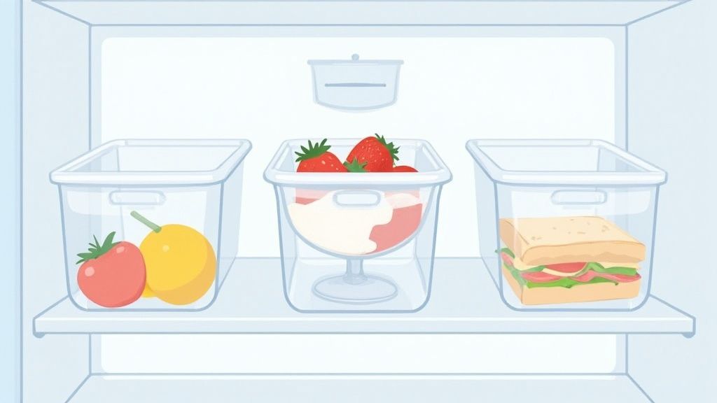 A neatly organized fridge shelf featuring three clear containers with produce, a strawberry dessert, and a sandwich.