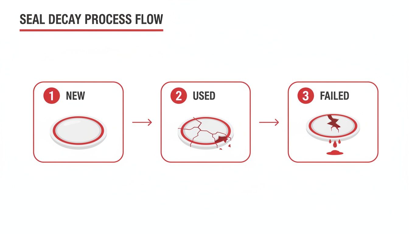 Illustration of a seal decay process flow, showing a new, used (cracked), and failed (leaking) seal.