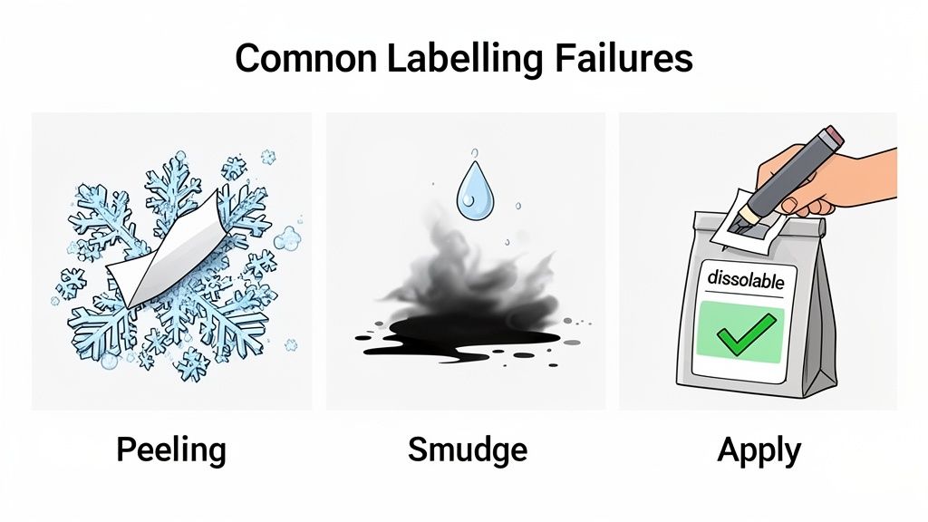Illustrations show common label issues: a label peeling off frozen snowflakes, smudged ink from a water drop, and applying a dissolvable label to a bag.