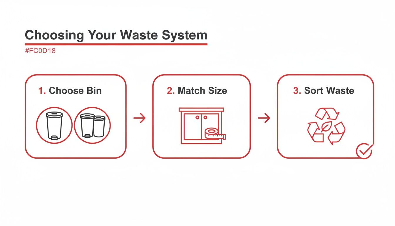 A three-step guide to choosing a waste system: select bin, match size, and sort waste.