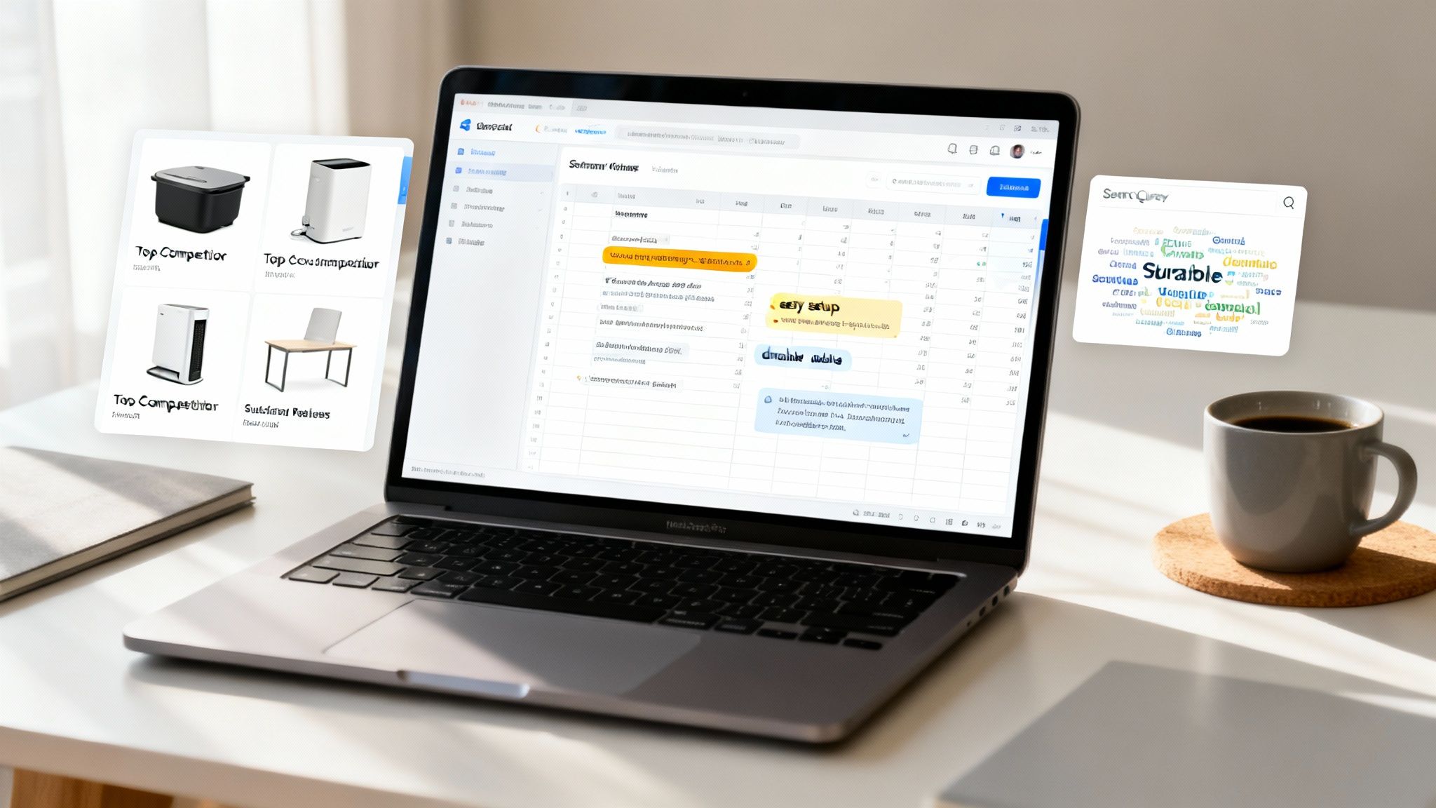 Laptop on a desk with a coffee cup, displaying product comparison and spreadsheet data.