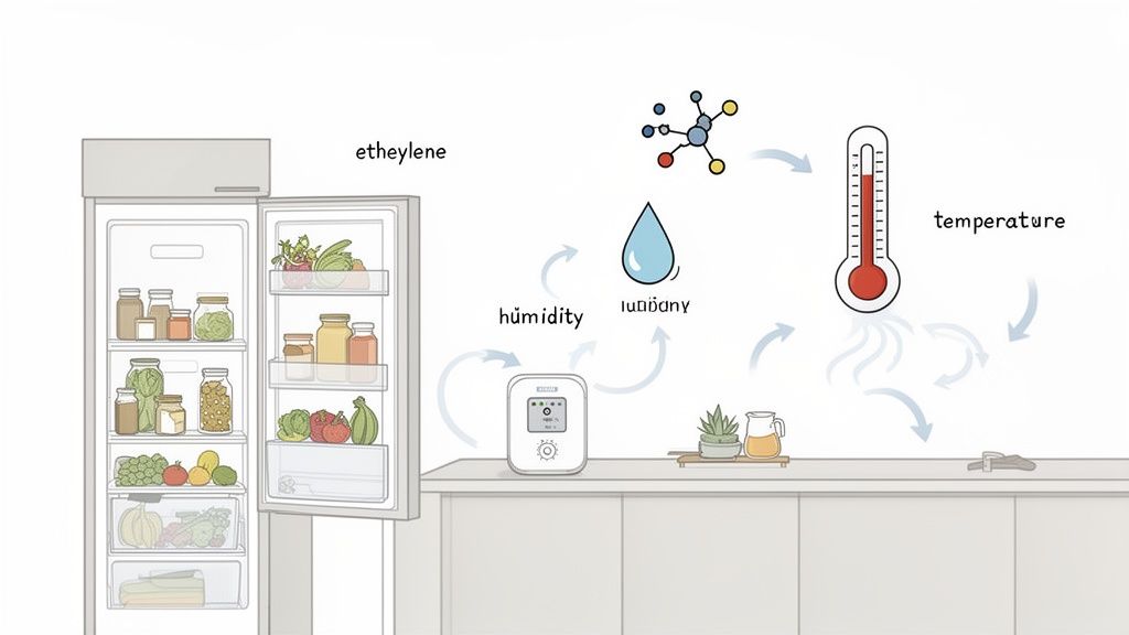 Illustration of an open refrigerator with food, demonstrating ethylene, humidity, and temperature effects on storage.
