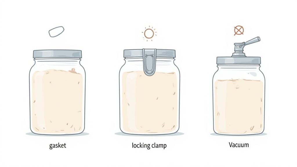 Three glass jars demonstrate different food preservation techniques: gasket, locking clamp, and vacuum sealing.