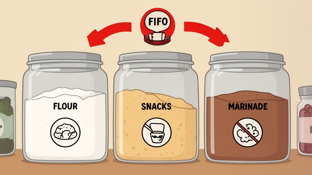 Three clear jars labeled flour, snacks, and marinade, illustrating the FIFO principle with red arrows.