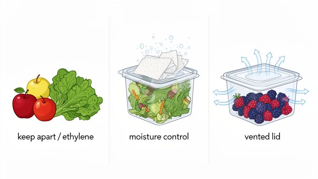 Illustration of three methods for fresh food storage: ethylene separation, moisture control for salad, and vented lids for berries.