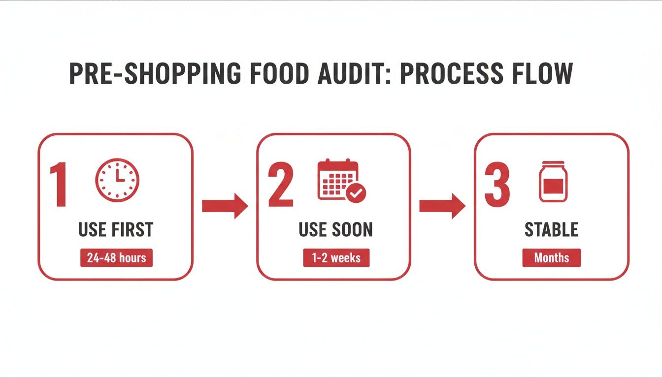 Infographic showing a pre-shopping food audit process flow, categorizing food items by urgency: use first (24-48 hours), use soon (1-2 weeks), and stable (months).