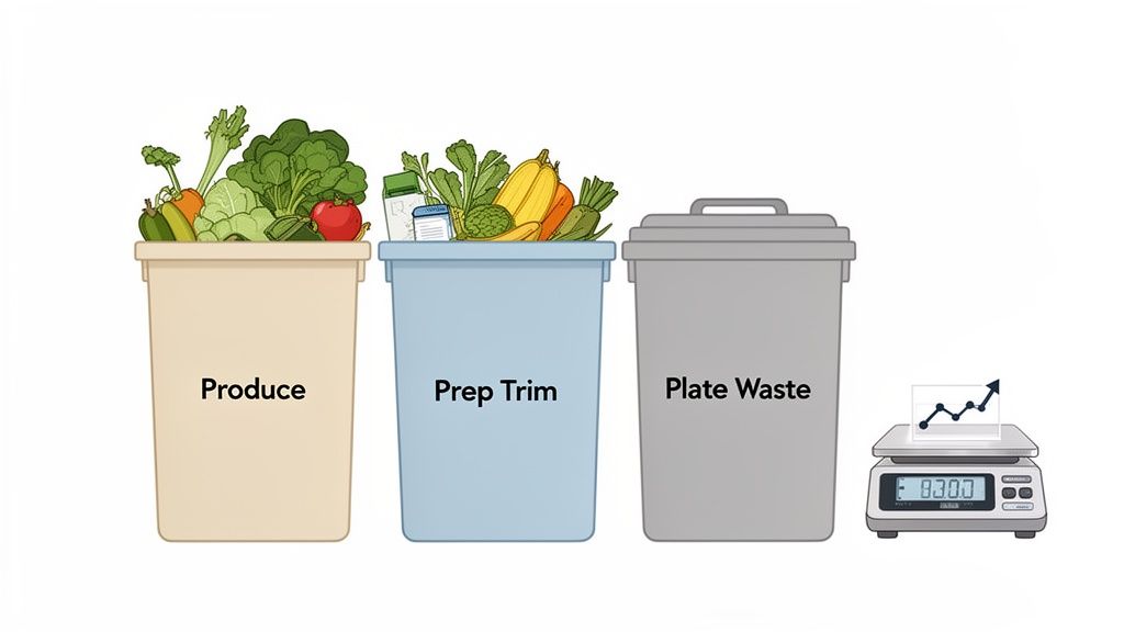 Three bins categorize food waste: produce, prep trim, and plate waste, tracked by a digital scale.