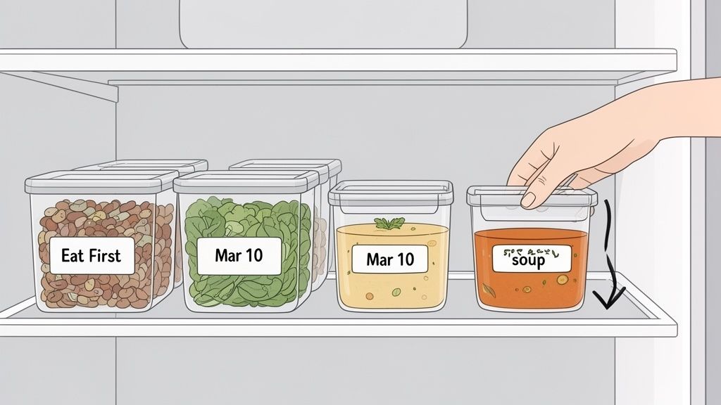 A hand organizes meal prep containers with 'Eat First' and 'Mar 10' labels in a fridge.