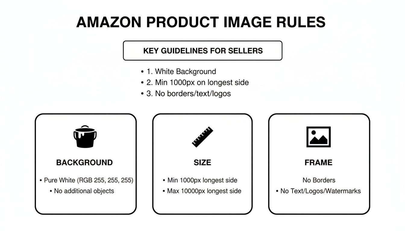 Amazon product image rules and guidelines for sellers covering background, size, and frame requirements.