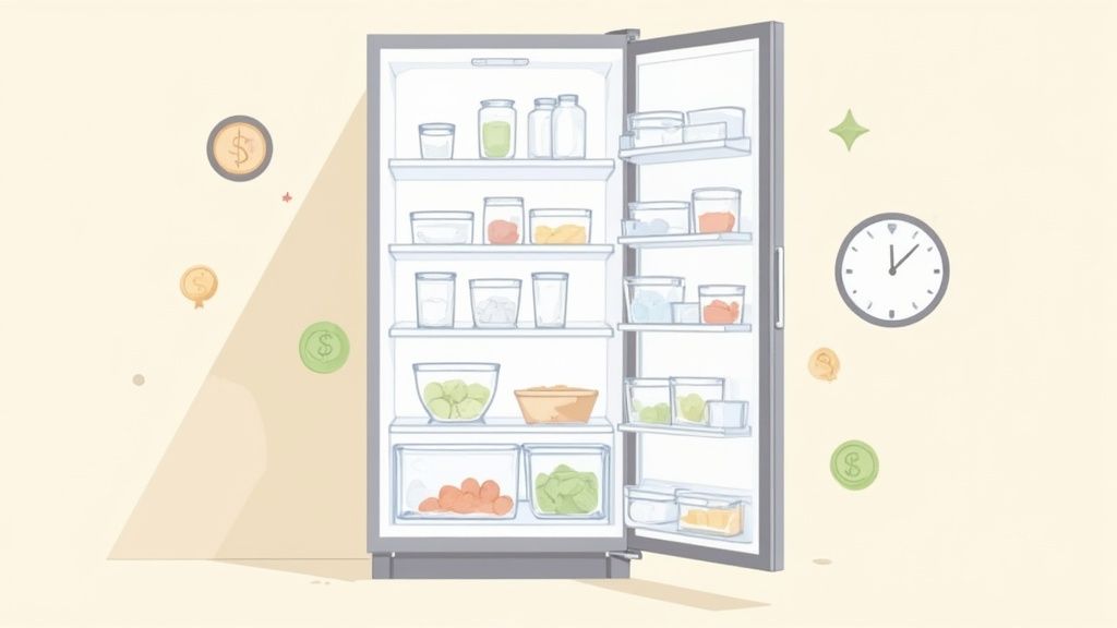 An open refrigerator organized with various food storage containers, surrounded by floating coins and a clock.