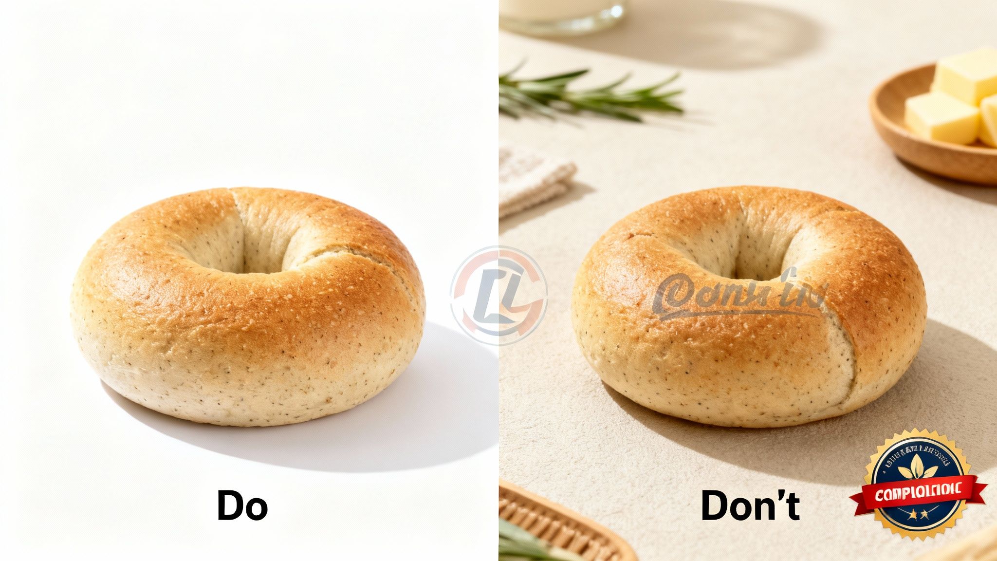Side-by-side comparison of a properly photographed bagel on white versus a cluttered, watermarked one.
