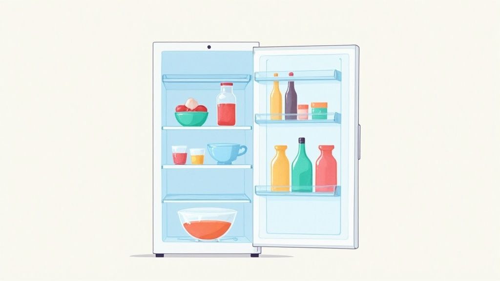 A cartoon illustration of an open and organized refrigerator full of food and beverages.