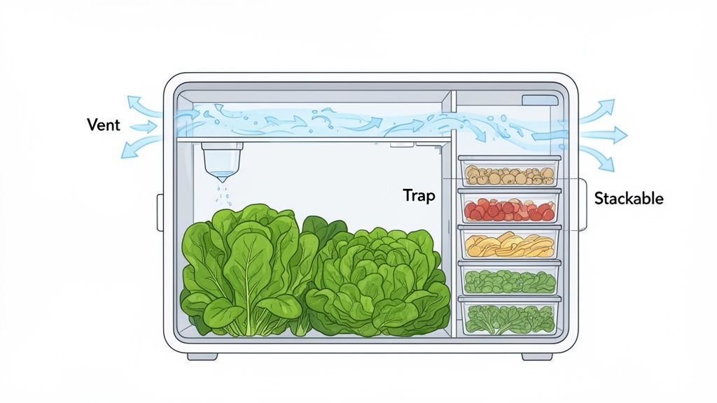 An illustration of a large food storage container with vents, a moisture trap, and stackable compartments holding fresh produce.