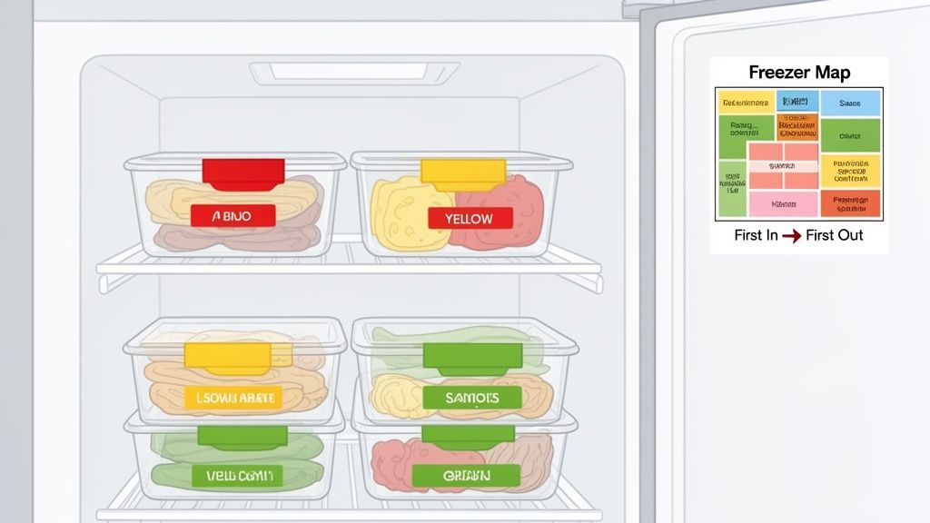 An organized freezer containing multiple labeled food containers, with a color-coded freezer map on the door.