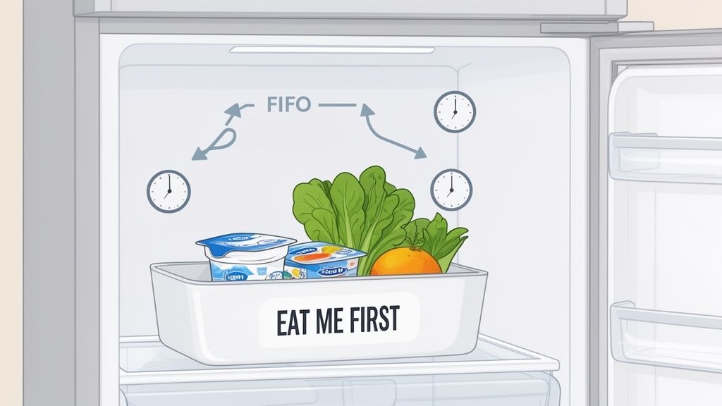 Open fridge showing a 'EAT ME FIRST' bin with food, illustrating FIFO food management using clocks and arrows.