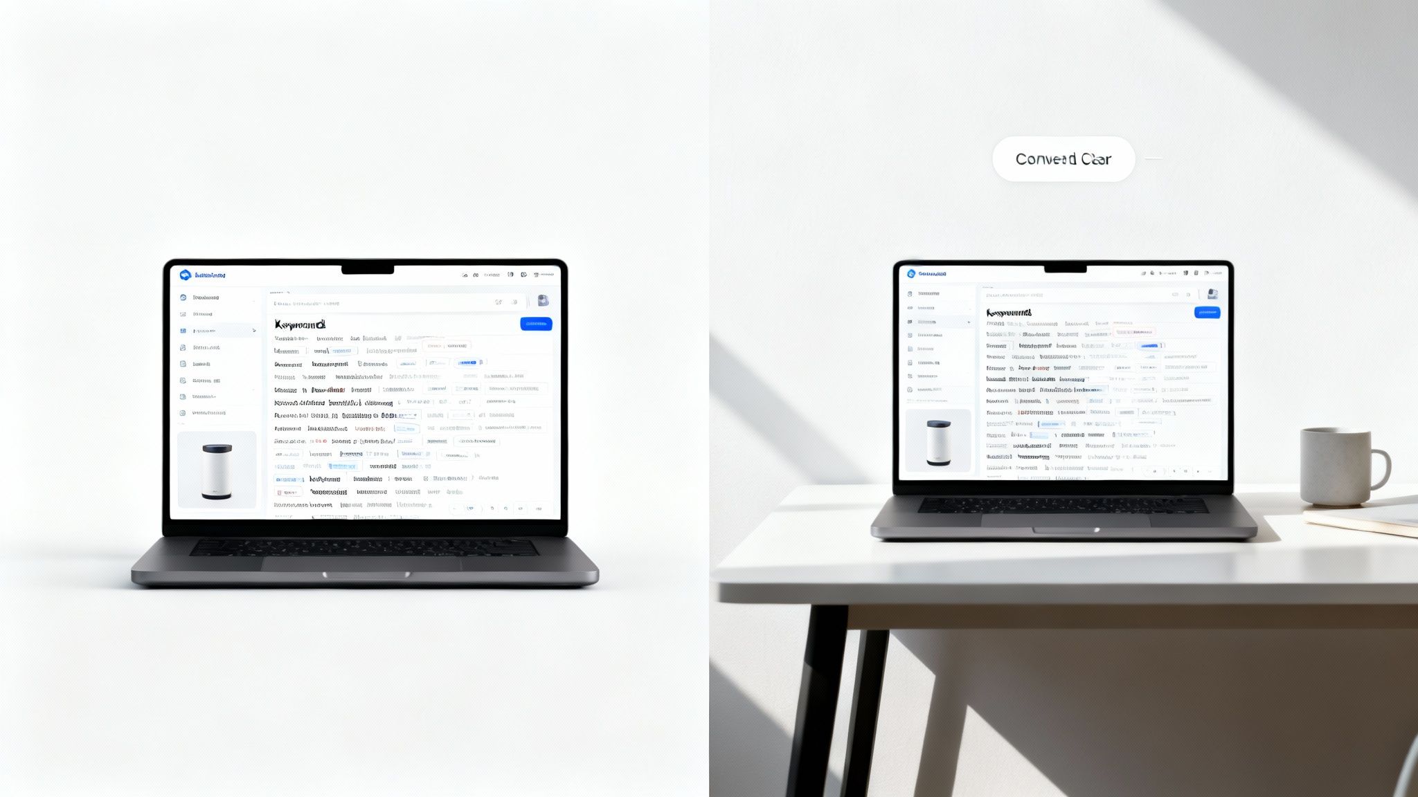 Two modern laptops displaying a software interface with data and product images in a bright office environment.