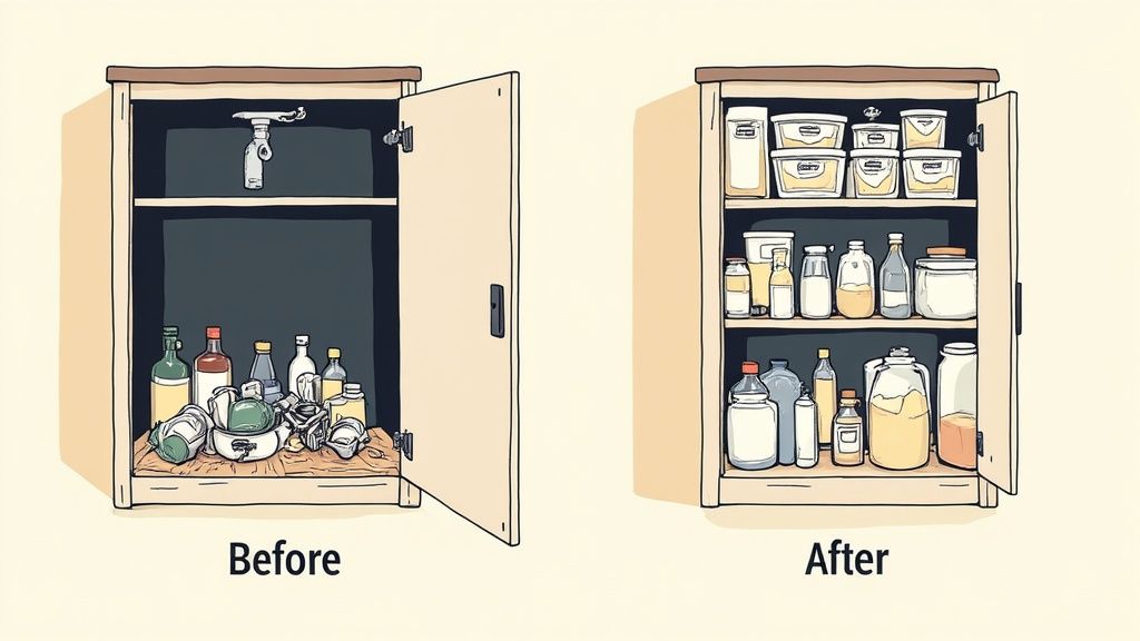 Before and after image of a messy cabinet transformed into a neatly organized storage space.