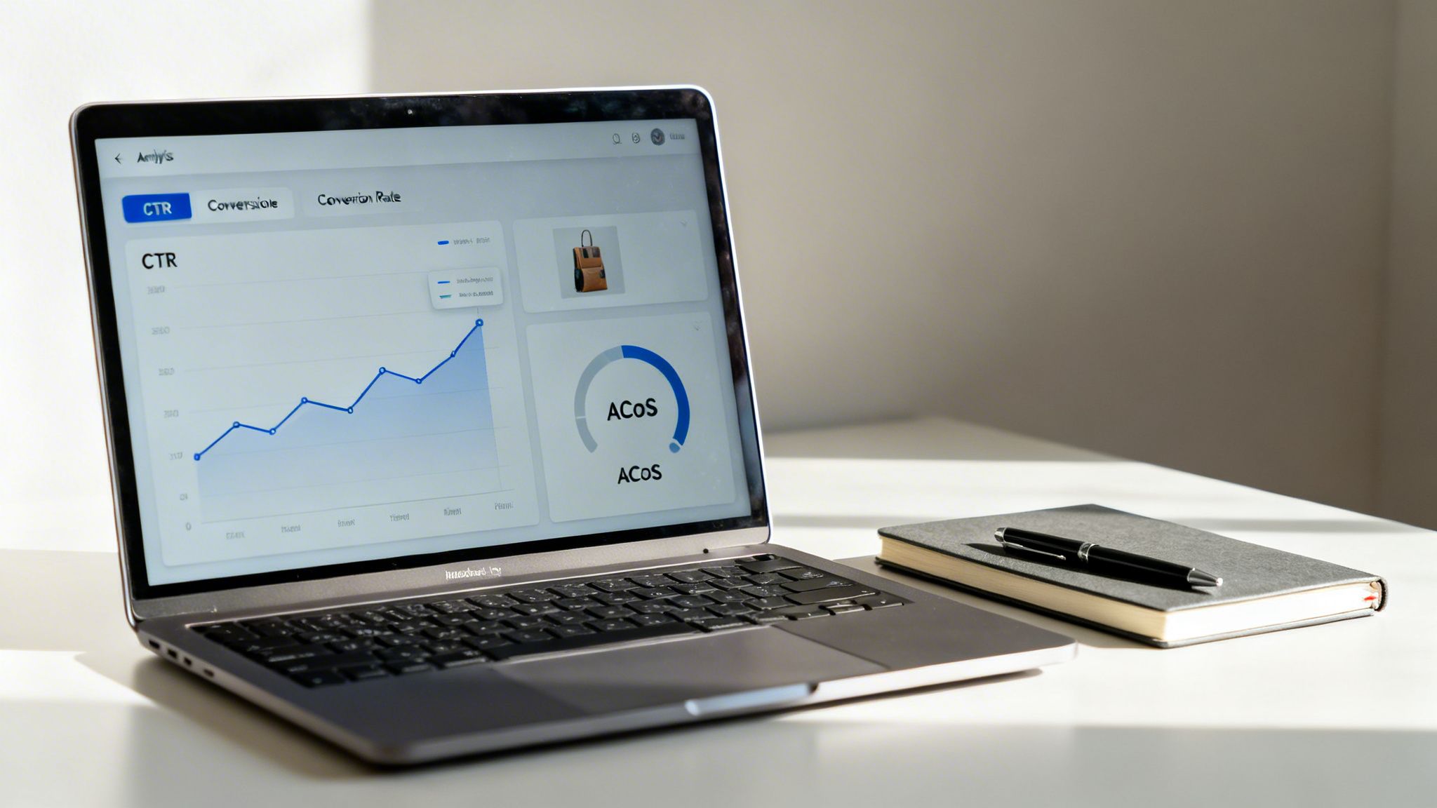 A laptop on a white desk displays a data analytics dashboard with CTR, Conversion Rate, and ACoS graphs, next to a notebook and pen.