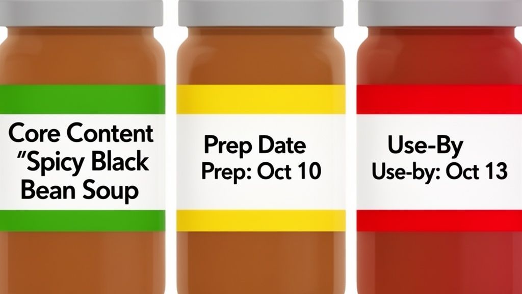 Three labeled jars showing 'Spicy Black Bean Soup', 'Prep: Oct 10', and 'Use-by: Oct 13'.