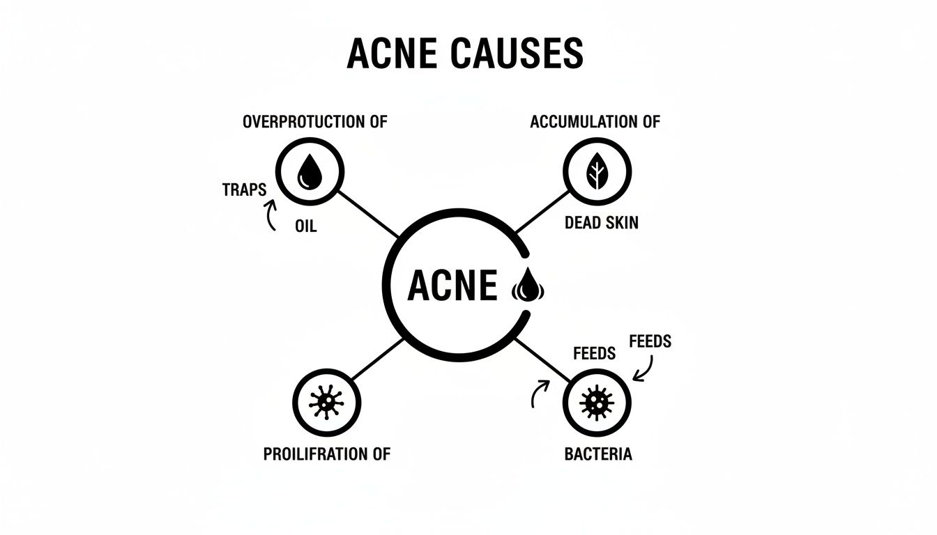 Diagram illustrating four main causes of acne: oil overproduction, dead skin accumulation, and bacterial proliferation.