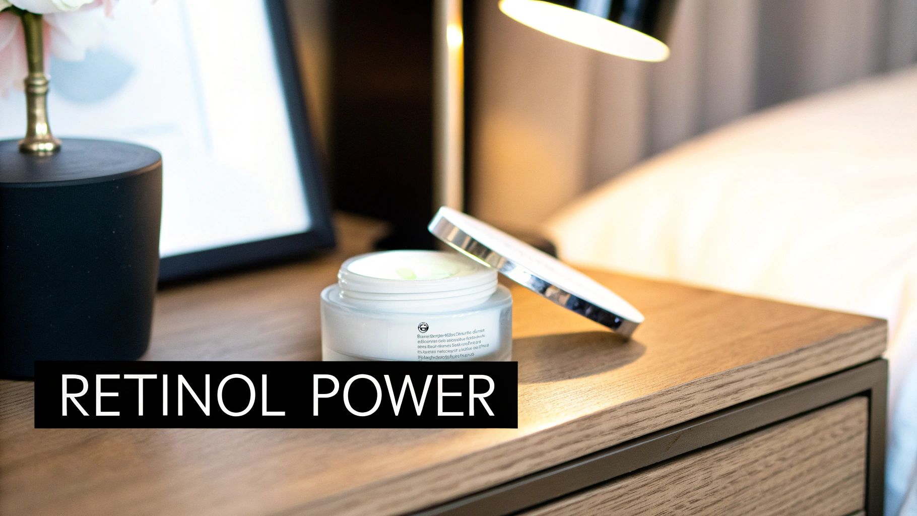 An open jar of 'Retinol Power' anti-aging face cream on a wooden nightstand.