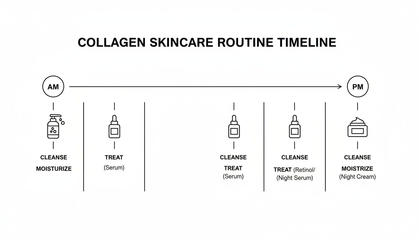A detailed collagen skincare routine timeline, illustrating AM and PM steps for cleansing, treating, and moisturizing.