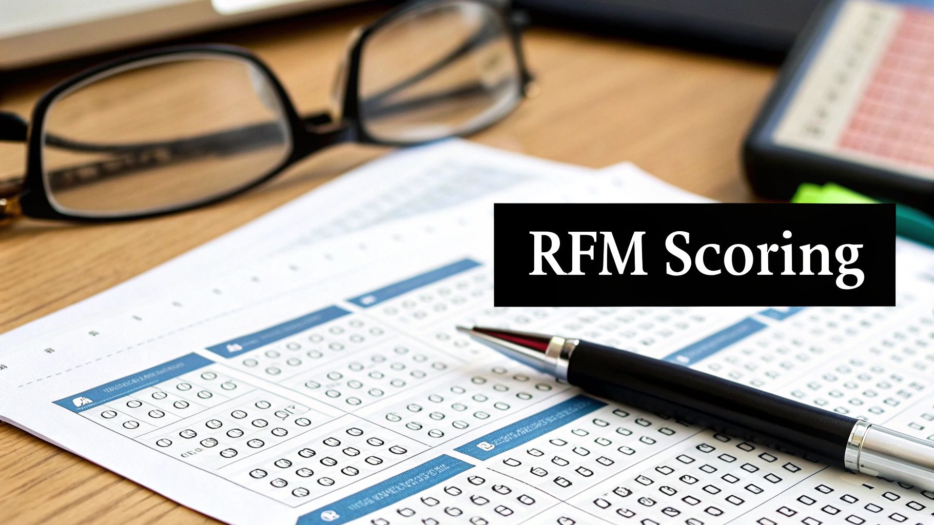Glasses and a pen on an OMR sheet, with 'RFM Scoring' text overlay.