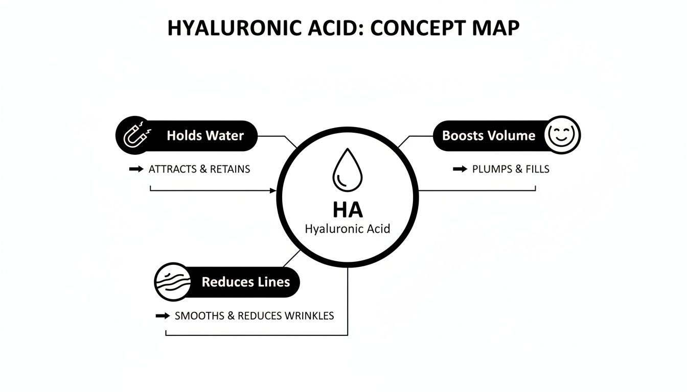 Hyaluronic Acid concept map showing its benefits: holds water, boosts volume, and reduces lines by smoothing.