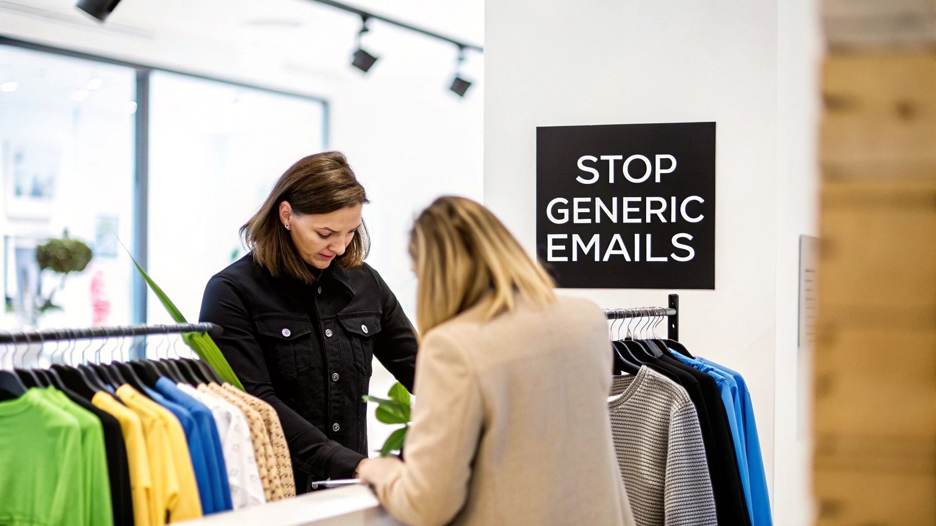Two women browsing colorful clothing in a store with a 'STOP GENERIC EMAILS' sign.