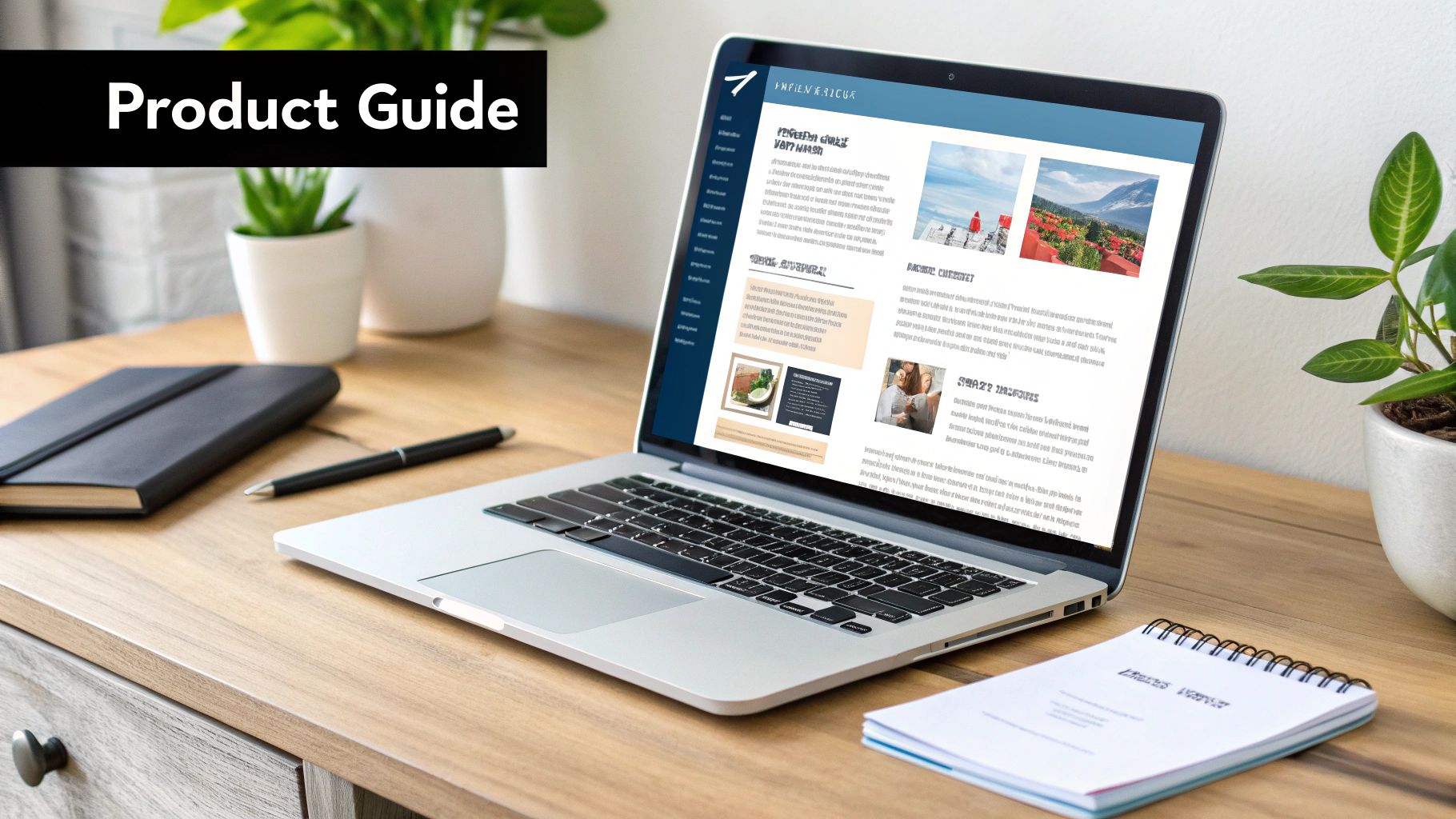 A laptop on a wooden desk displays a product guide webpage, accompanied by notebooks, a pen, and plants.