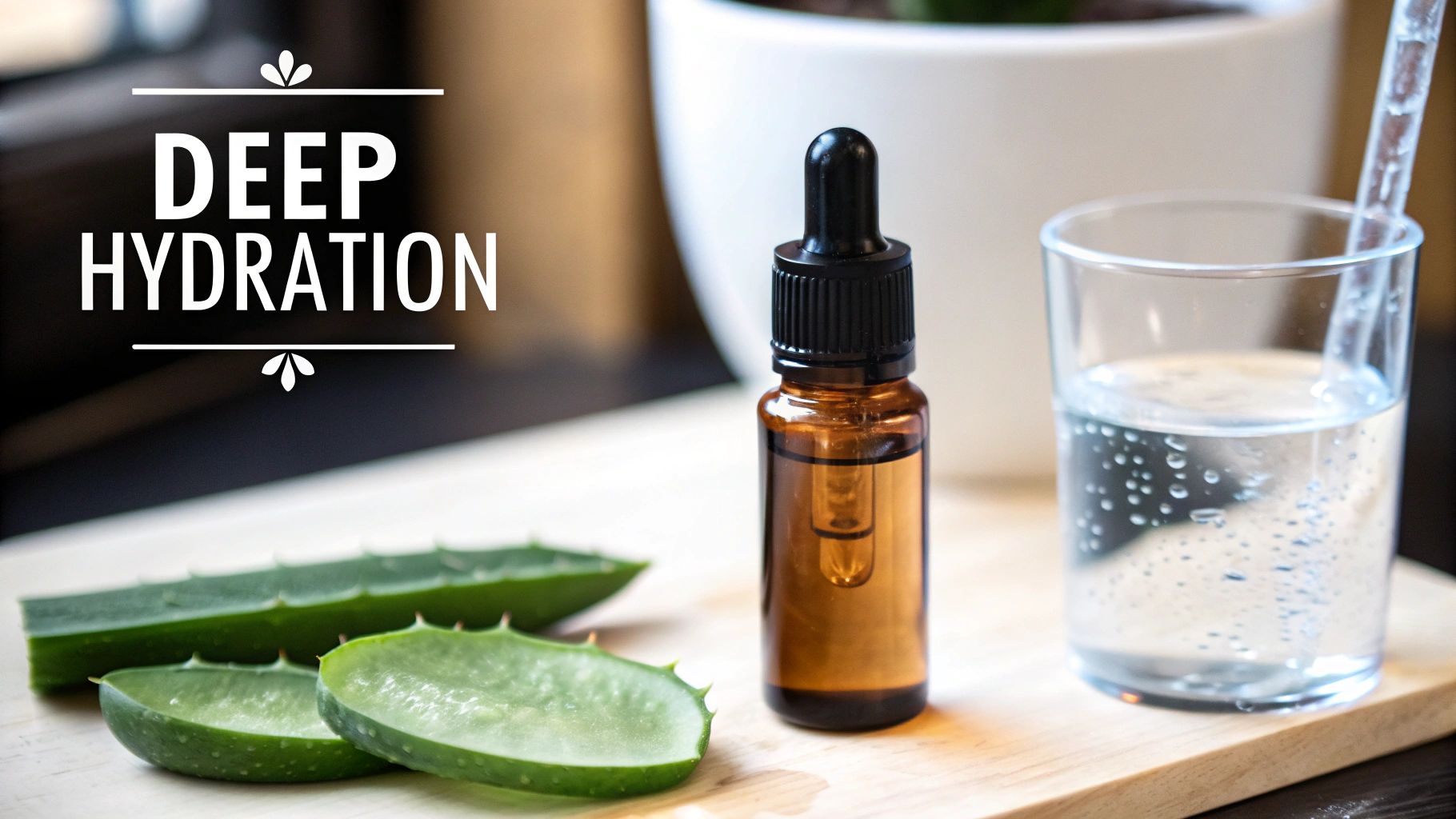 Aloe vera leaves, a serum bottle, and a glass of water on a wooden board for deep hydration.