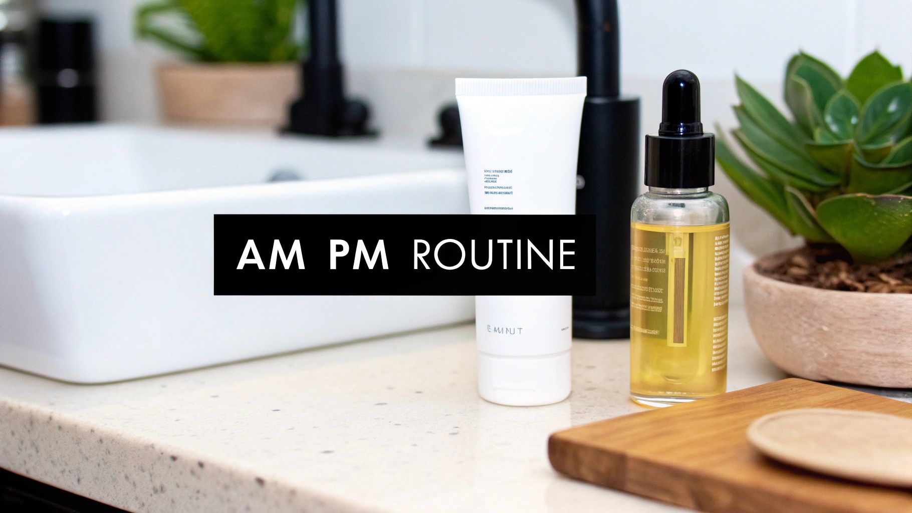 Two skincare products and a plant on a bathroom counter with a white sink, labeled AM PM ROUTINE.