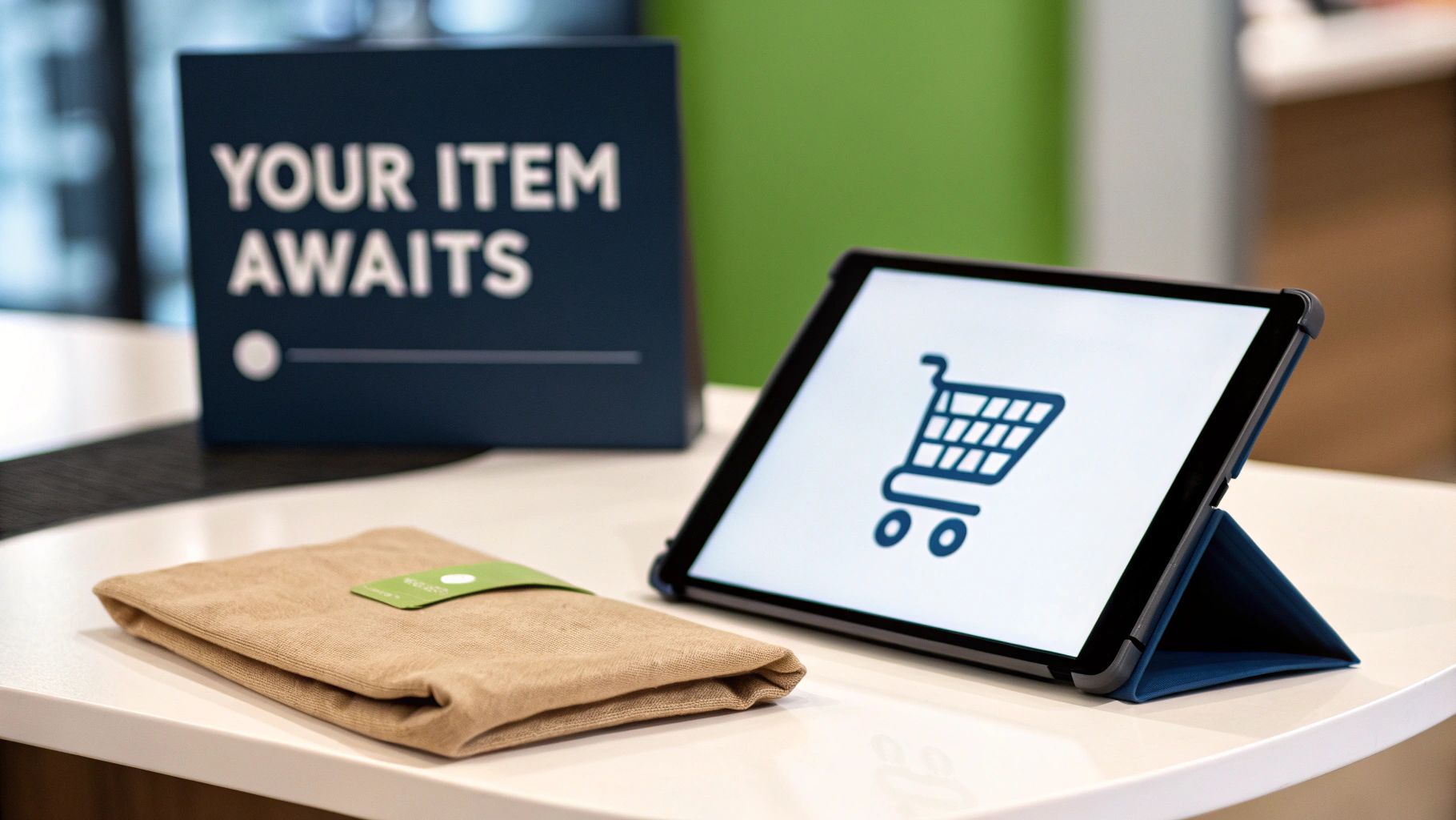 An order pickup station with a 'YOUR ITEM AWAITS' sign, a tablet displaying a shopping cart, and a packaged item.