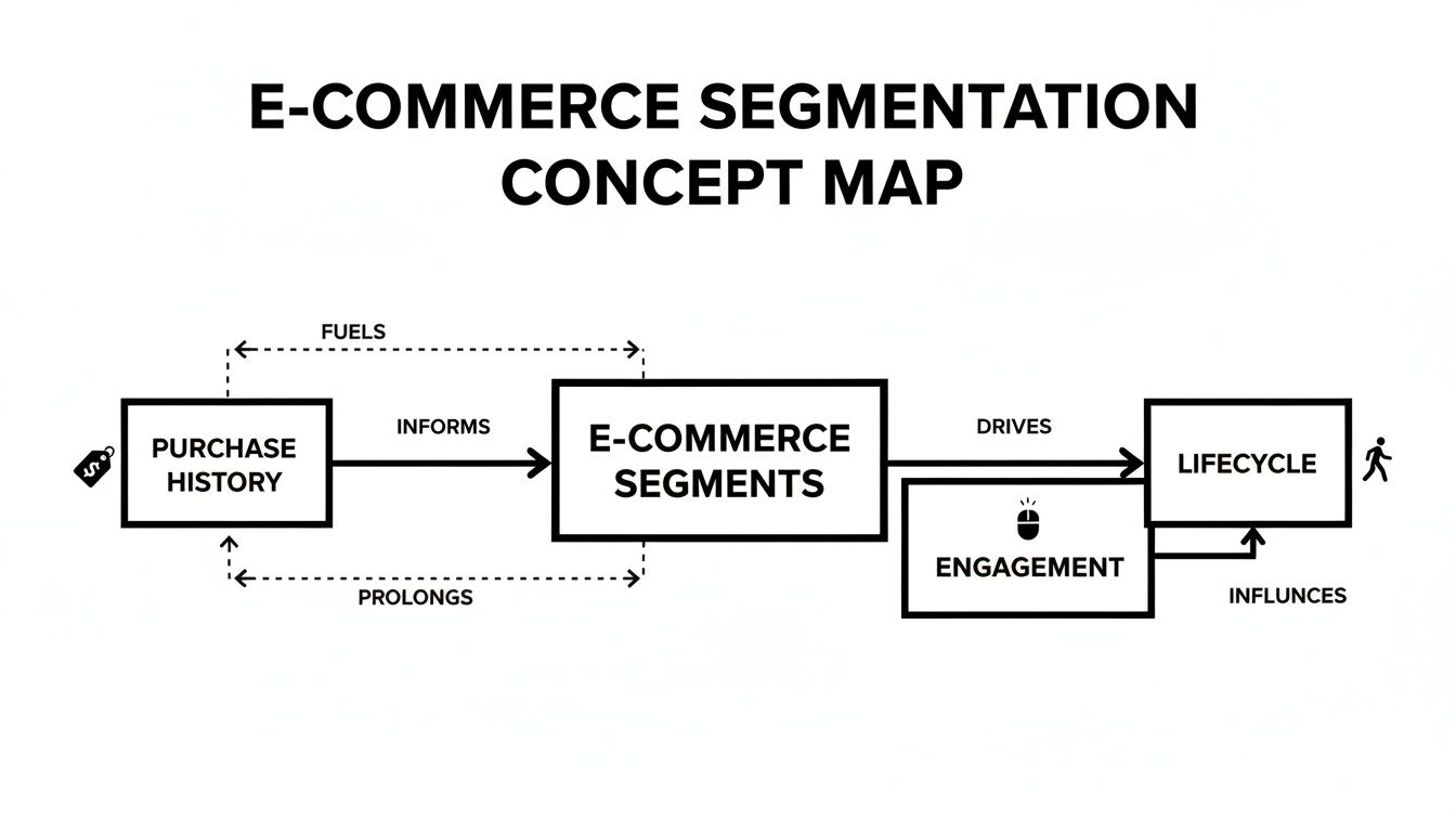 Concept map illustrating e-commerce segmentation, showing links between purchase history, segments, engagement, and lifecycle.