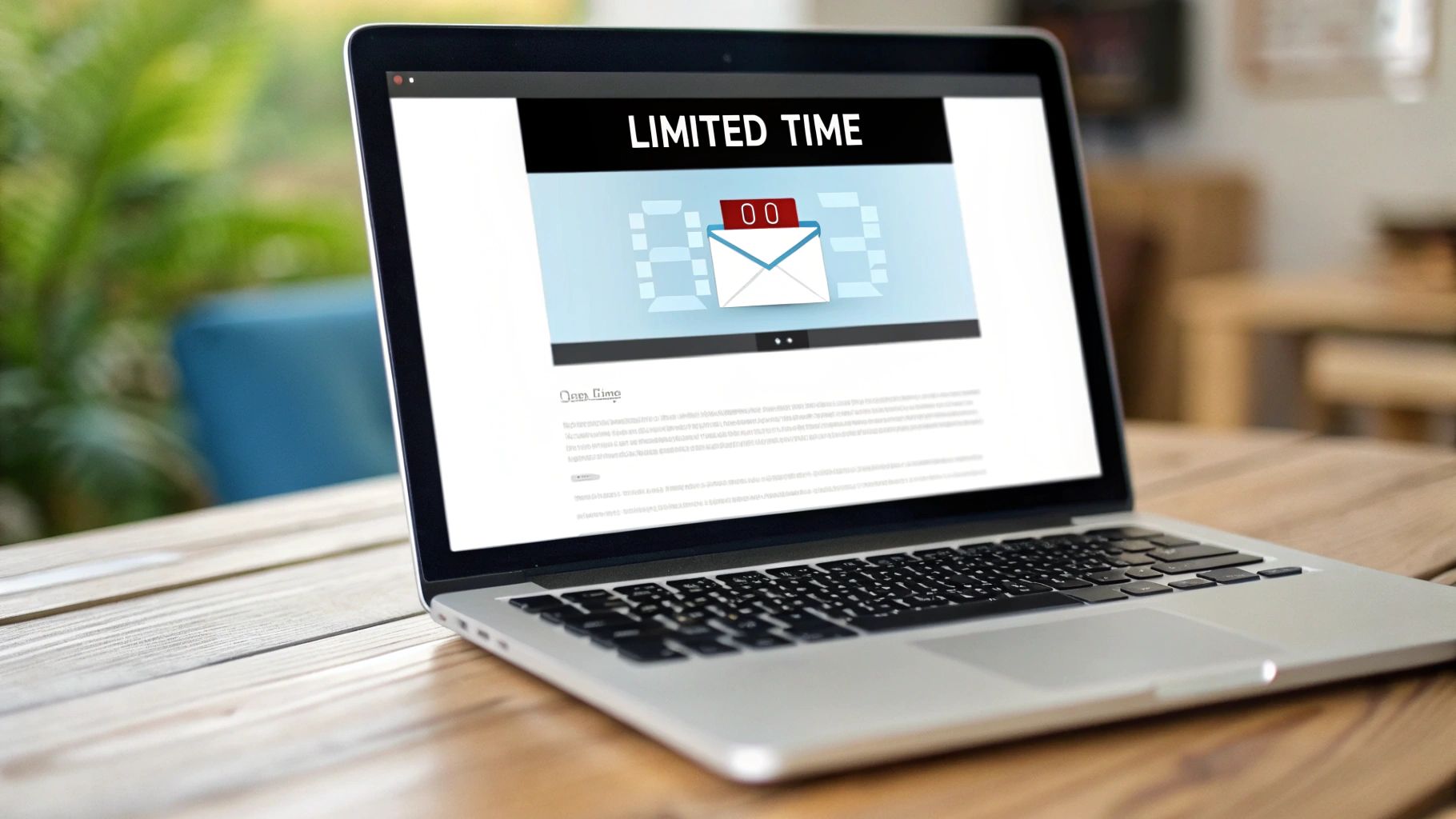 A laptop displays a web page with a 'LIMITED TIME' banner and an email notification icon.